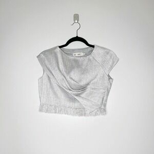 XU ZHI Fringe Crop Blouse Top Cap Sleeve Womens Silver Gray Size 8